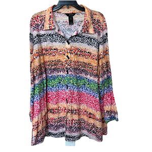 Ali Miles Top Women's 2X Long Sleeve Rainbow Animal Print Artsy Lagenlook Gauzy